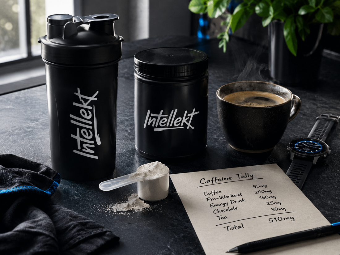 Coffee, pre-workout scoop, watch, and Intellekt shaker used to track daily caffeine intake