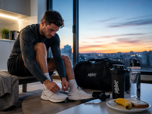 Athlete preparing for an early morning workout with an Intellekt shaker before sunrise