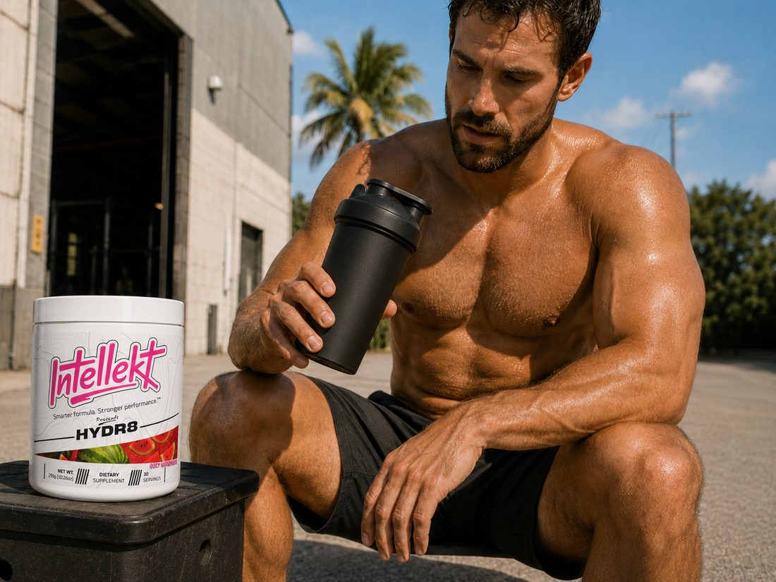 Sweaty athlete using an Intellekt hydration drink after training in hot weather
