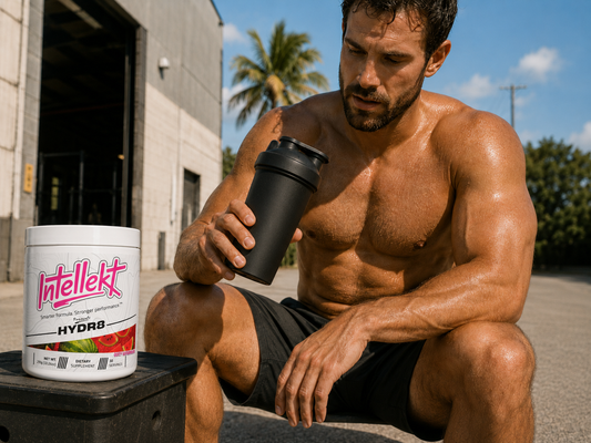 Sweaty athlete using an Intellekt hydration drink after training in hot weather