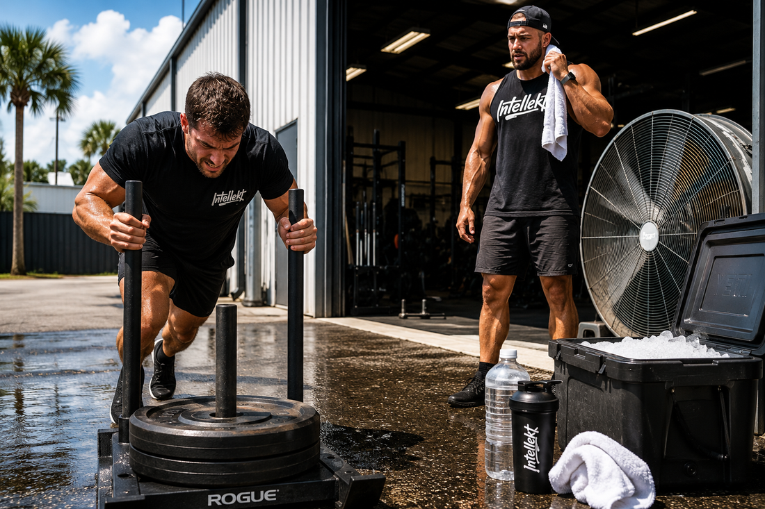 Athletes following the Intellekt Hot-Weather Training Protocol with shade, cooling, and hydration