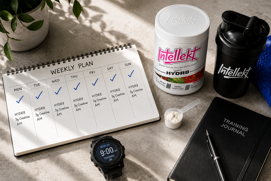 Seven-day creatine routine with Intellekt HYDR8, a shaker, and a completed weekly training planner