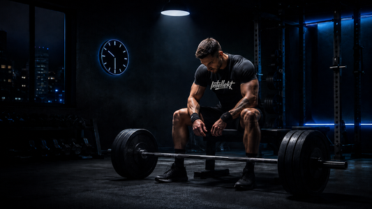 Late-night lifter training in an Intellekt shirt while protecting sleep and recovery