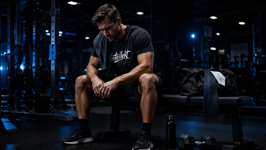 Mentally exhausted professional preparing for an after-work workout in an Intellekt shirt