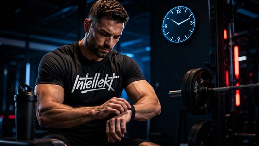 Lifter checking the time before following the Intellekt Pre-Workout Timing Protocol